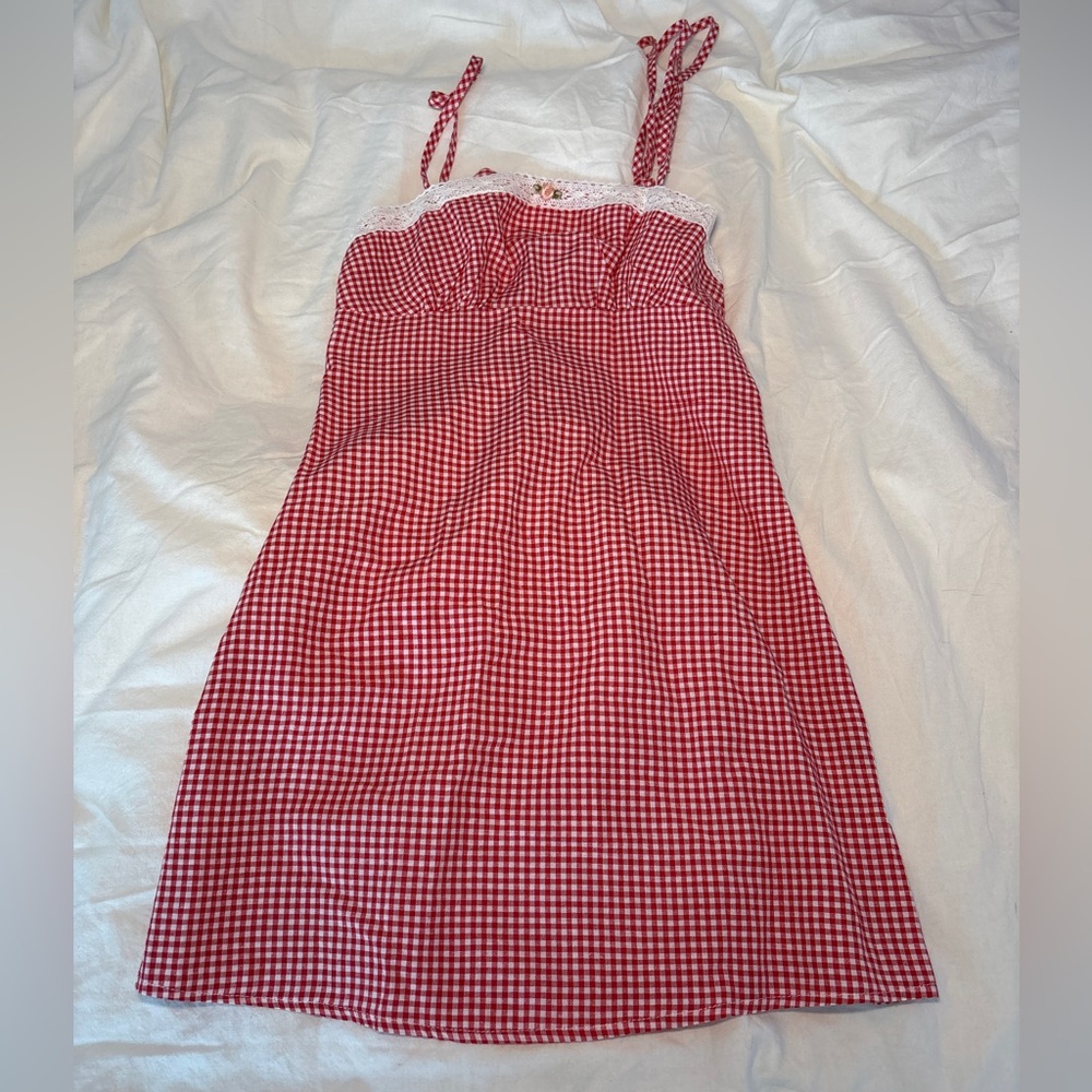 Red Gingham Dress with Lace Trim
